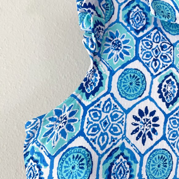 Ibkul Terra Print Sleeveless Ruffle Dress Size XS Seafoam Blue Mandala UPF 50+ - Picture 10 of 12